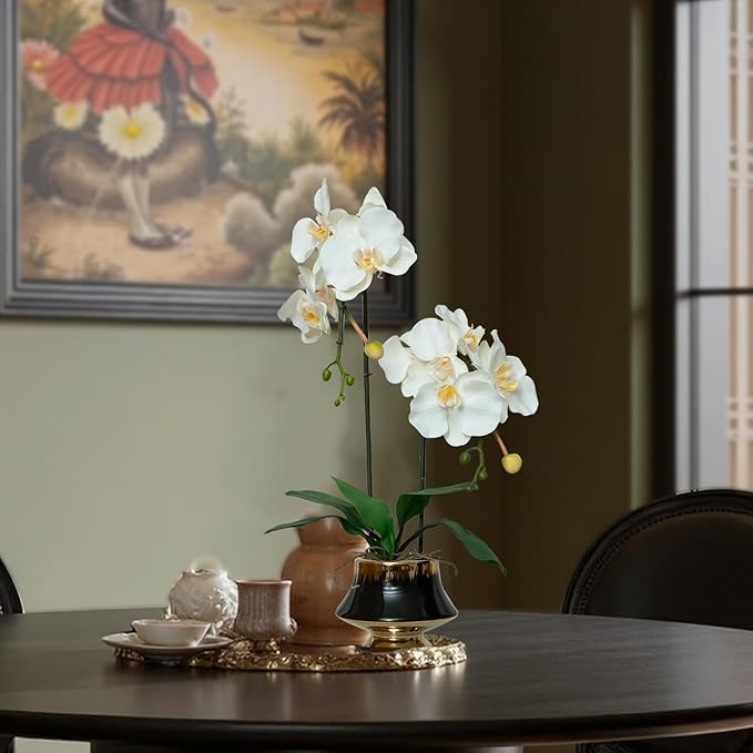 CXGS Orchids Artificial Flowers Realistic Fake Flowers in Ceramic Vase 20" White Faux Plants Indoor Lifelike Soft PU Phalaenopsis for Centerpiece Hotel Home Decor