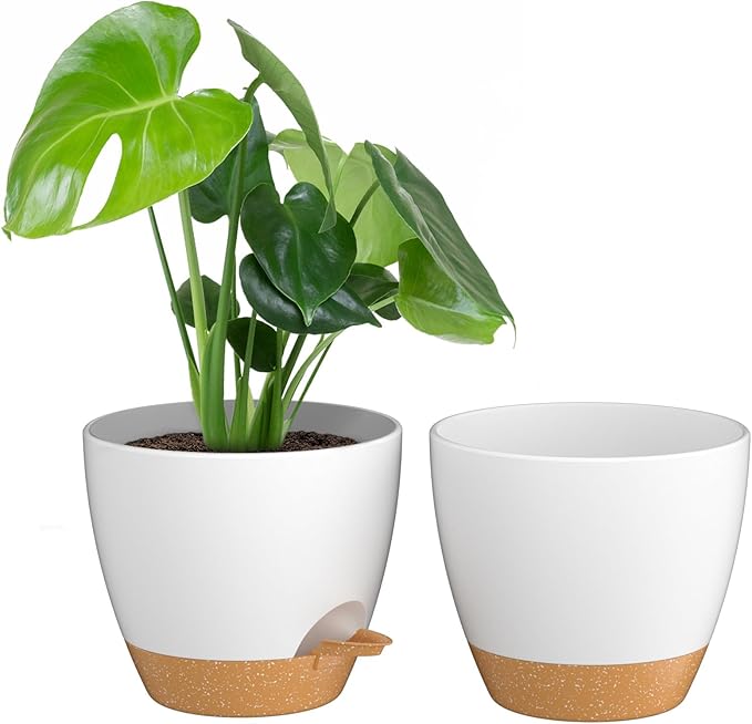 ZMTECH 10 Inch Plant Pots Set of 2 Planters for Indoor Plants Self Watering Pots Flower Pots with Drainage Holes and Saucer for Outdoor Plants(White with Brown)
