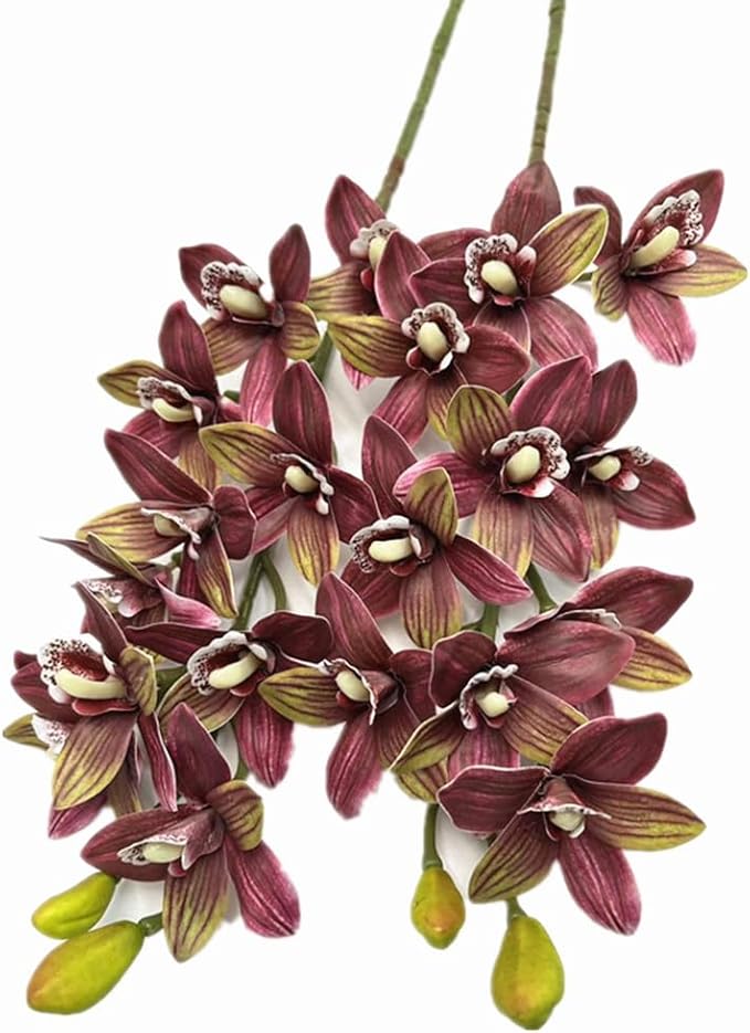 4pcs Artificial Cymbidium Orchid Flower Plant 3D Print Vanda 10 Heads Latex Phalaenopsis Flower (Yellow red)