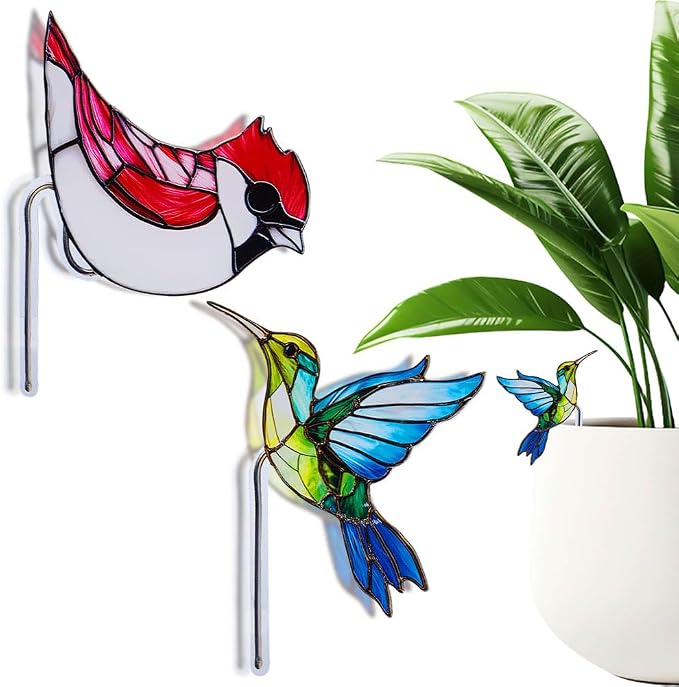 CRASPIRE 2 Styles Bird Plant Decoration Hummingbird Flower Pot Suncatcher Acrylic Garden Stake Hanger Decor Blue Yellow Butterflies Catcher Hugger for Art Indoor Outdoor Patio Pots Yard Farmhouse