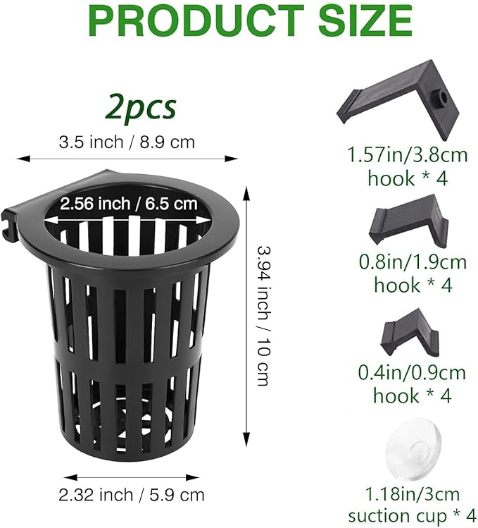 Upgraded Large Aquarium Plant Holder with Extension Hooks and Suction Cups, Aquatic Plants Cup for Tank for Fish Tank Aquaponic Plant Cultivation and Aquascape Accessories (Black-2PC)