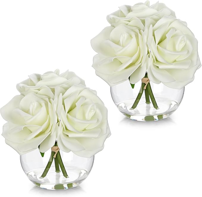 Hollyone 2Pcs White Roses Artificial Flowers in Vase Small Silk Fake Rose Bouquet Flowers Floral Arrangements with Glass Vase with Faux Water for Home Bathroom Office Table Centerpiece Decorations