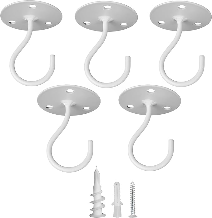 Ceiling Hooks for Hanging Plants- Metal Heavy Duty Wall Mounted Hangers for Hanging Bird Feeders, Planters, Wind Chimes, Include Professional Drywall Anchors (5 Pack) (Bright White)