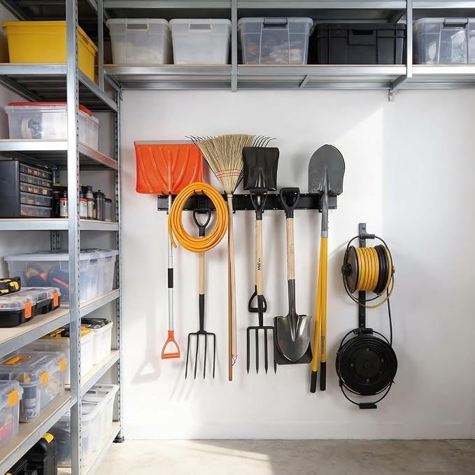 Aking Ace Garage Tool Organizer Wall Mount, 96-Inch Heavy Duty Garden Tool Rack for Shed, Holds 350lbs, Adjustable Storage Hanger for Shovel, Rake, and Power Tools