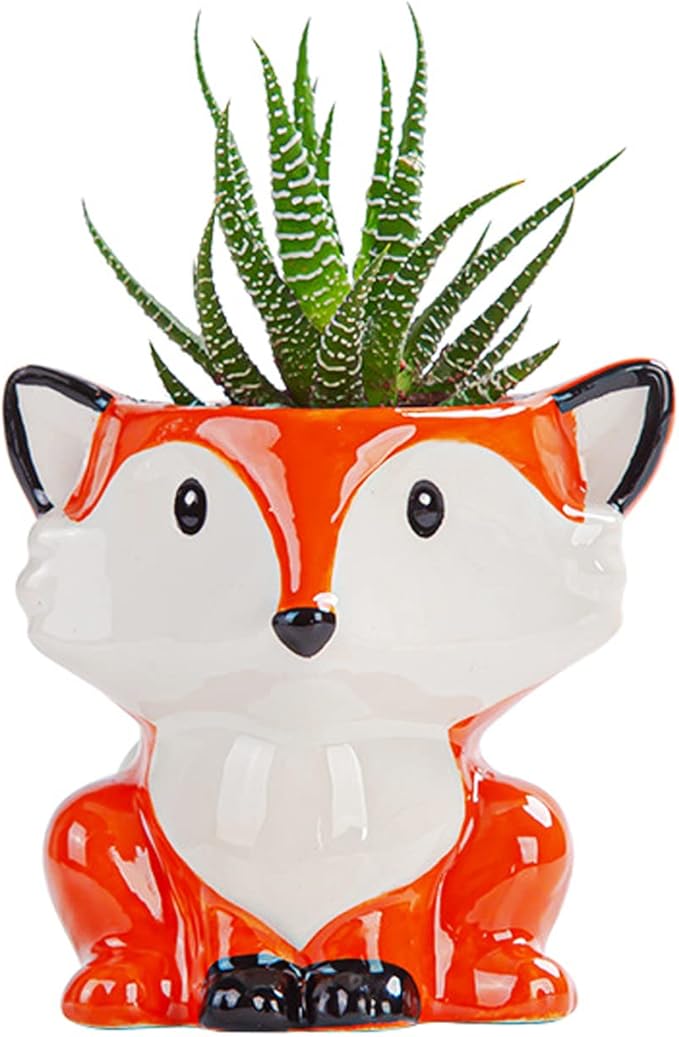 DIYOMR Cute Animal Ceramics Planter Small Succulent Pot Cartoon Shaped Plant Pot for Mini Plants Flower Cactus, Smooth Shiny Ceramic - Plants Not Included (Fox)