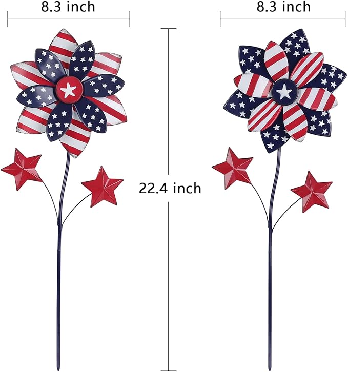 YEAHOME 4th of July Decorations Outdoor, 22.4" Set of 2 Red White Blue Metal Flowers Decorative Garden Stakes for Memorial Day Decorations, Yard Signs Patriotic Decorations for Garden Lawn Porch