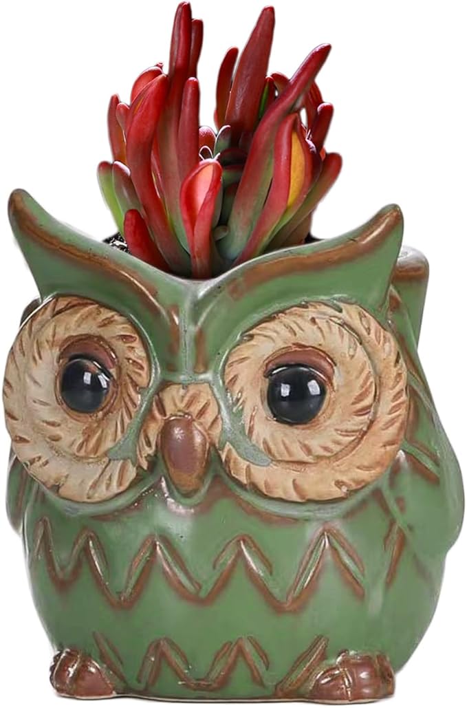 DIYOMR Small Ceramic Planter Pot, 4.3" Vintage Bronze Animal Planters Ceramic Flowerpot Succulent Pots Cactus Pot (Owl)