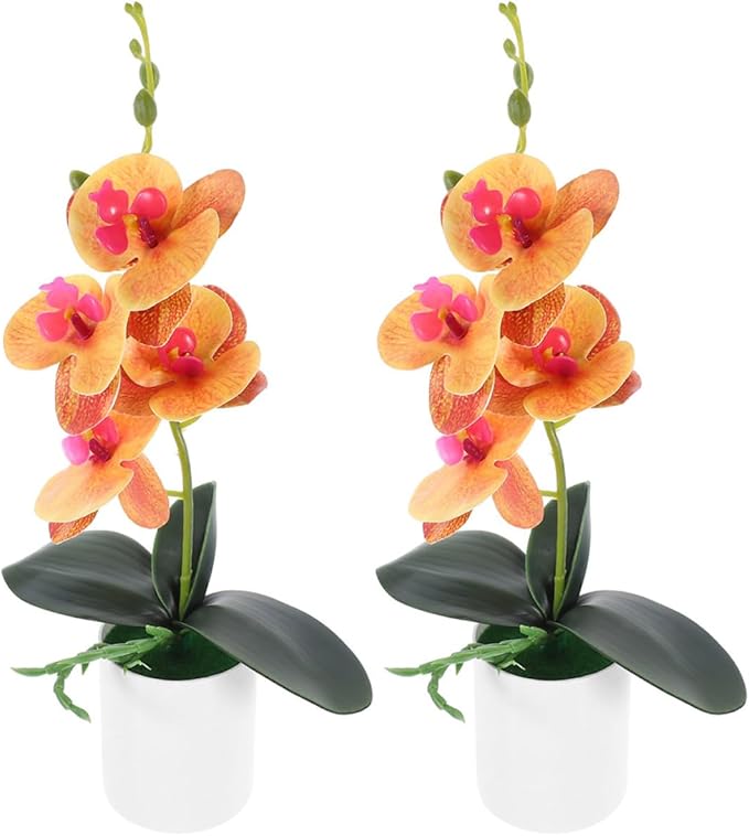 Artificial Potted Orchid Flowers 2pcs Orange Faux Phalaenopsis Bonsai Plants Desktop Decoration for Living Room Office Home