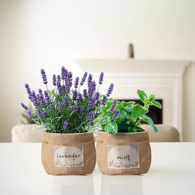 10 Sets herb pots for Indoor Plants,5 inch Clear Plastic Plant Pots with Drainage and Saucer,herb planters with Vintage Decorative Burlap Flower-Pot Cover for Windowsill, Kitchen, Balcony