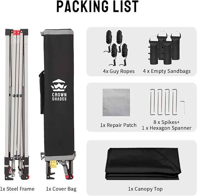 CROWN SHADES 12x12 Pop Up Canopy Outside Canopy, Patented One Push Tent Canopy with Wheeled Carry Bag, Bonus 8 Stakes and 4 Ropes, Black