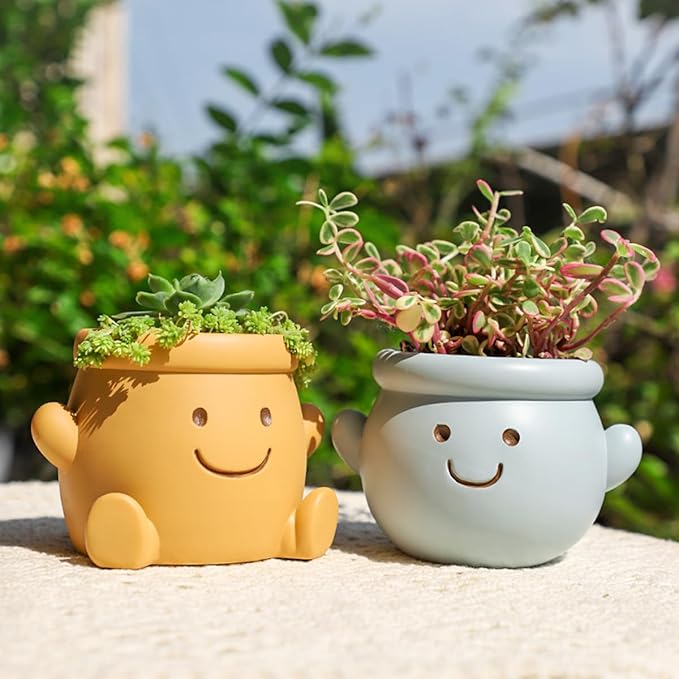 Cute Face Planter Pot, Small Resin Head Planters for Indoor Plants, Funny Smiling Face Flower Pot Succulent Planter with Drainage Hole, Gift IdeaI for Birthday Christmas (Orange)