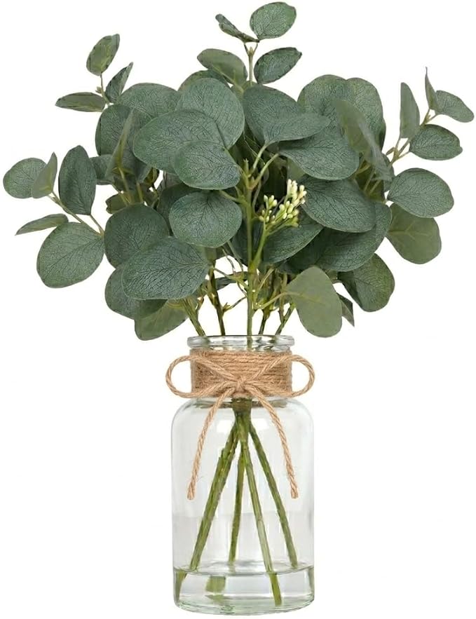 Velener Faux Eucalyptus Stems in Vase with Faux Water, Fake Plants Indoor Artificial Eucalyptus Plant for Home Decor, Kitchen Bathroom Farmhouse Living Room Coffee Table Centerpieces for Tables Green