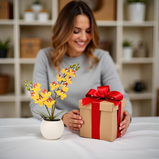 Artificial Orchid Yellow Flower Potted in White Pot, Real Touch Faux Phalaenopsis Orchid for Wedding Home Office Party Decor