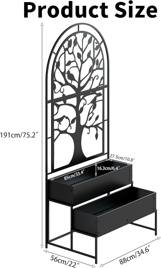 Arched Outdoor Planter Box with Trellis for Climbing Plants, 2 Tiers Metal Privacy Planters for Patio, Tall Raised Garden Bed with Legs, for Vegetables, Fruits, Balcony, 75.2 x 22 x 34.6 Inch, Black