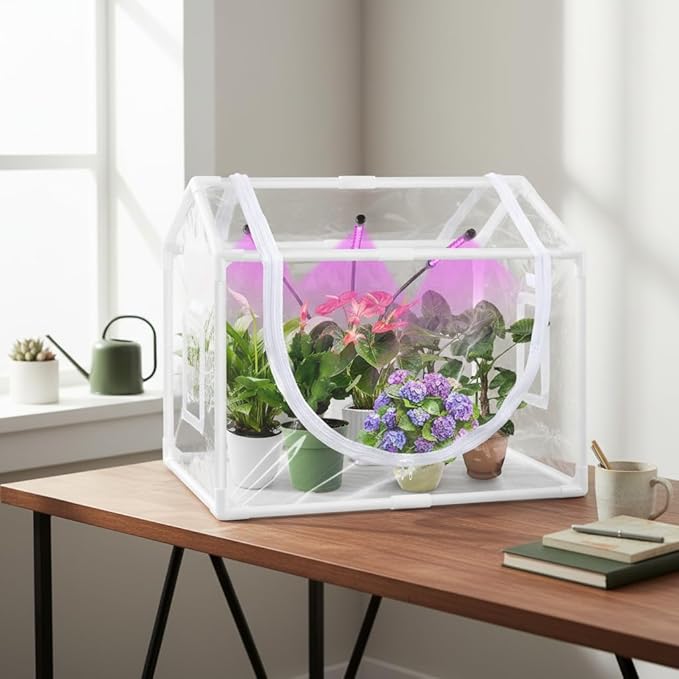 Indoor Mini Greenhouse with Grow Light, Tabletop Small Greenhouse for Beginners, All-in-One Tiny Plant Nursery Kit with Adjustable LED Light & Timer, Smart Grow Tent for Herbs, Gardening Gift