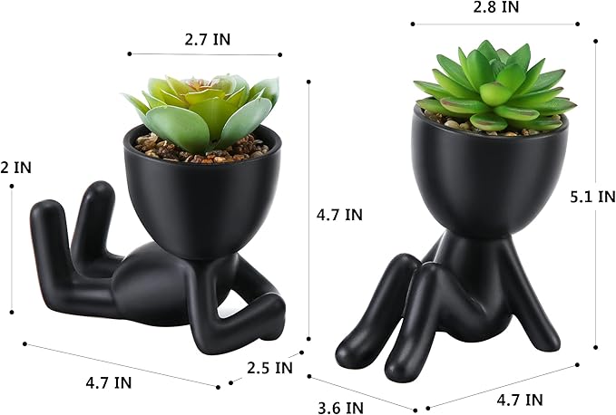 Fake Succulent, Mini Succulents Plants Artificial in Black Modern Human Shaped Ceramic Pots Desk Decor Desk Plant for Office Decor for Women, Cute Fake Plants Bathroom Decor 2PCS