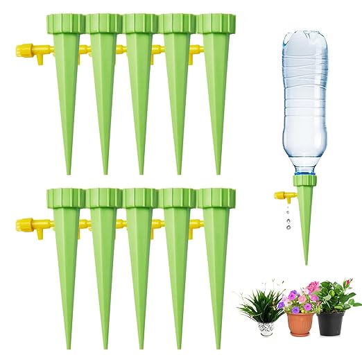 10 Pack Self Watering Spikes for Plant,Indoor & Outdoor Automatic Plants Waterer,Plug-in Device with Adjustable Valve Switch, self Watering Planter Insert (10 Green Ones)