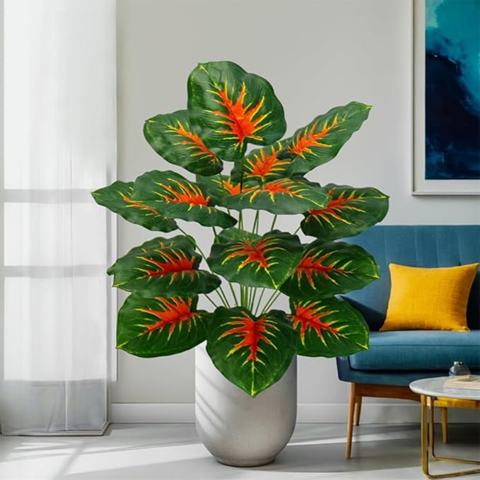 Artificial Caladium Plant with Red and Green Leaves, Red Leaf Artificial Plants Decoration Simulated Bonsai Potted Decor Home Room Party Wedding Office Floor(RedGreen(No Flowerpot), 75cm)