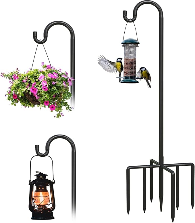 Breeze Touch 1Pack 92 Inch Adjustable Shepherd Hooks for Outdoor Outside, Heavy Duty with 7 Prongs Base, for Hanging Lantern, Hummingbird Feeder, Lightweight Plant, Wind Chime, Bird Feeder Hanger
