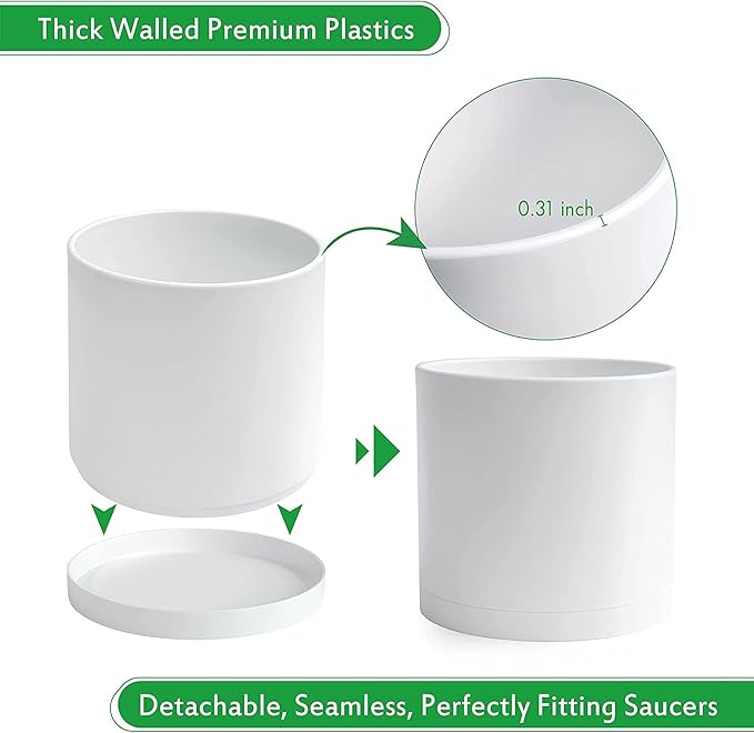 D'vine Dev 10 Inch Plastic Planter Pots for Plant Pot with Drainage Hole and Seamless Saucers, White Color, 74-X-A-2