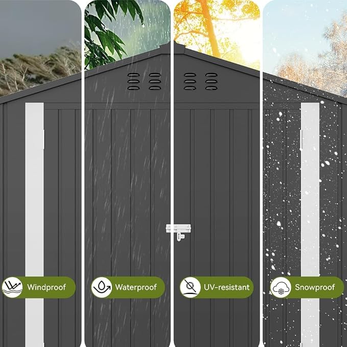 COMHOMA Shed Storage Outdoor Metal Windowed Lockable Garden Toolhouse Weatherproof Ventilated Backyard Utility Workshop(Grey,6'x4')