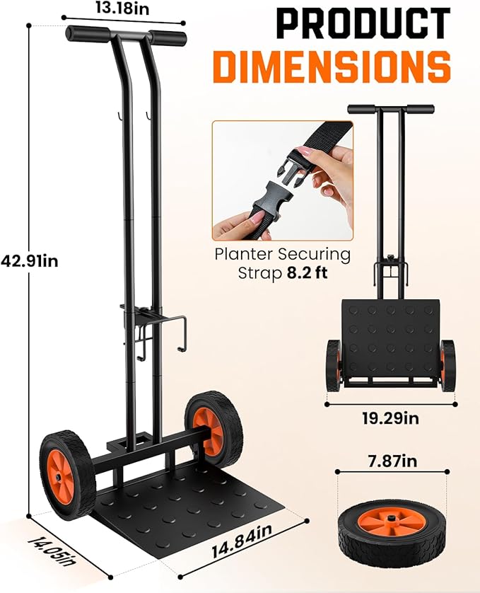 Plant Caddy with Wheels, USA Original Patent, Foldable Plant Dolly Cart with Adjustable Grabbing Arm and Strap, 176 Lbs Heavy Duty Plant Cart for Plant Pots, Indoor & Outdoor Use (Black)