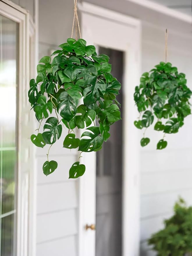 Large Fake Hanging Plants in Pot for Indoor & Outdoor, Long Artificial Hanging Monstera Plants, 27.6" Fake Potted Vines Ivy Greenery Plant for Room Wall Shelf Decor Living Room Bathroom Patio Porch