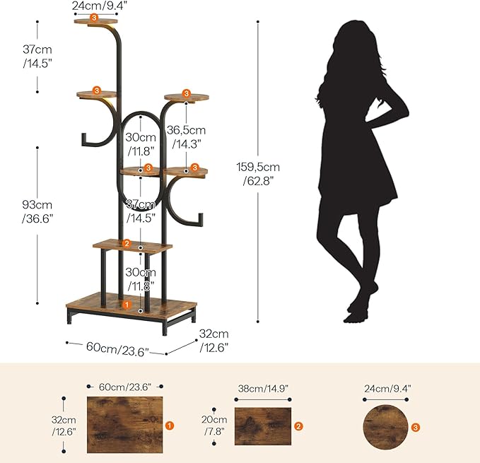 HOOBRO Plant Stand Indoor with Grow Lights, 63" Corner Plant Stand for Indoor Plants, 7 Tiered Metal Corner Shelf with 2 Hanging Basket Spots, for Home, Living Room, Rustic Brown and Black BF12DHJ01