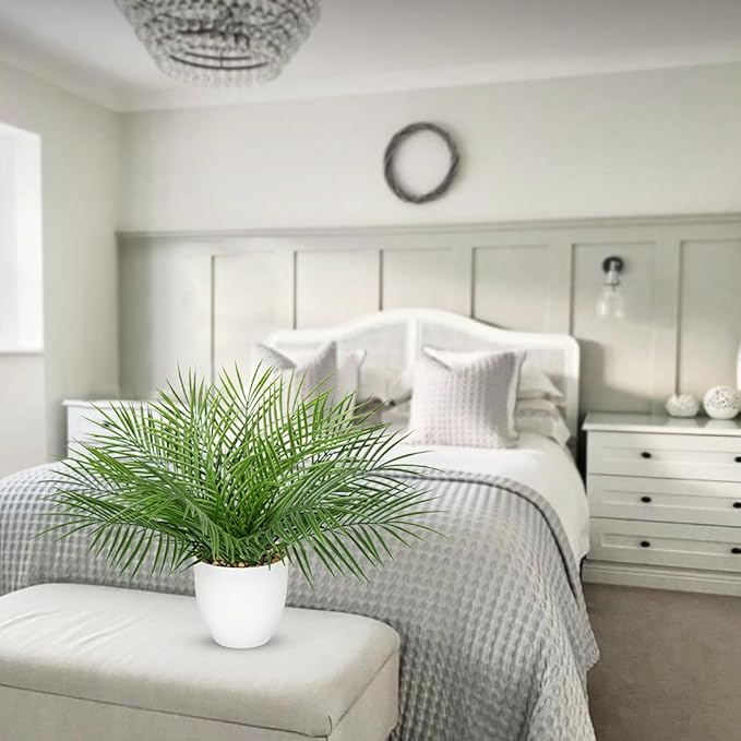 Briful Artificial Palm Plant in White Pot, 18” Faux Tropical Tabletop Plant with 14 Realistic Leaves, Small Potted Palm Tree for Farmhouse, Coffee Table, Entryway, Bathroom, Shelf & Living Room Decor
