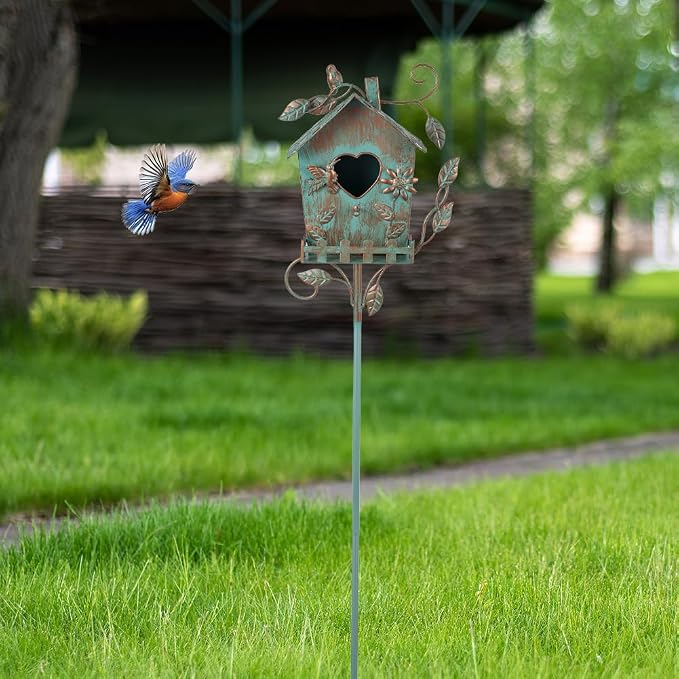 DREAMSOUL 48" Rustic Bird Houses for Outside Metal Bird House Pole, Decorative Green Birdhouse for Patio, Yard, Garden