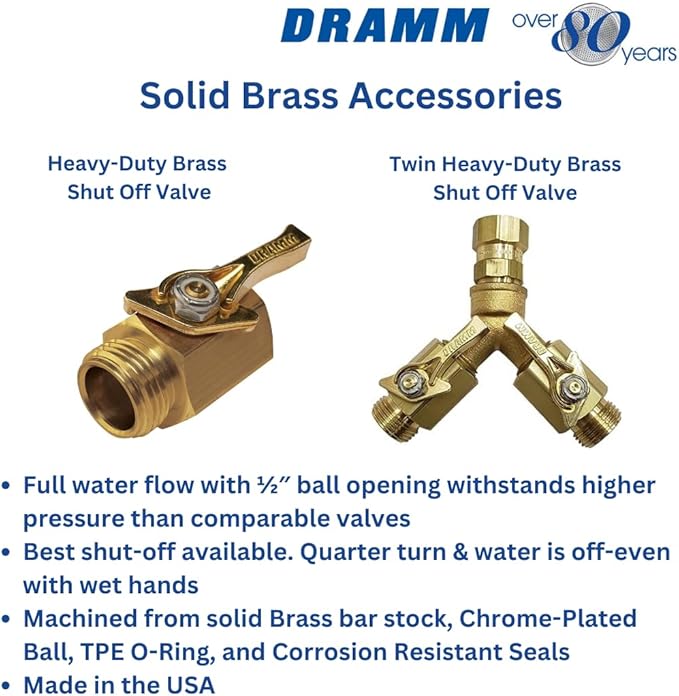 Dramm Heavy Duty Brass Shut Off Valve with Full Water Flow, Male to Female Threads, Quarter Turn Off Position, Corrosion Resistant Seals, Brass (Pack of 6)