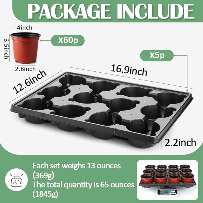 RooTrimmer 4 inch Round Nursery Pots 60pcs, 12 Cell Nursery Pots Trays 5 Pcs, Sturdy Seeds Starting Germination Shuttle Carrying Trays, Small Planter Nursery Propagation 5 Sets