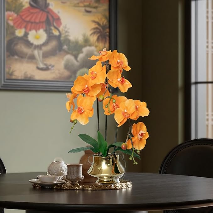 CXGS Orchids Artificial Flowers Realistic Fake Flowers in Ceramic Vase 20" Orange Faux Plants Indoor Lifelike Soft PU Phalaenopsis for Centerpiece Hotel Home Decor