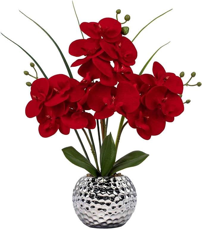Briful Orchid Artificial Flowers 20'' Red Faux Orchid Flowers with Silver Vase Fake Phalaenopsis Silk Flowers for Home Office Dinning Room Kitchen Table Centerpiece Decor