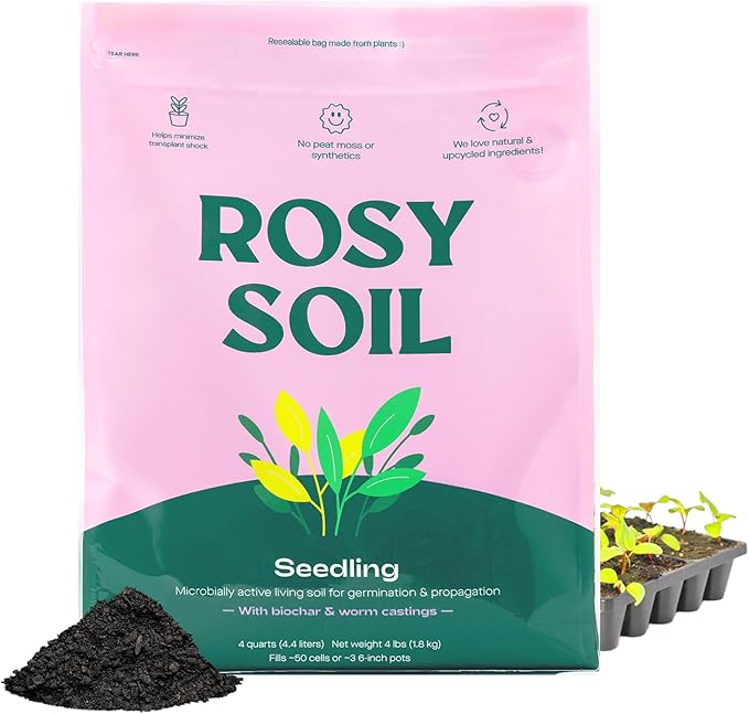 Rosy Soil Seedling Seed Starter Soil - Peat-Free Organic Potting Mix for Seeds, Cuttings, Microgreens- w/Worm Castings, Root-Boosting Biochar, Less Prone to Gnats, for Germination, Propagation - 4qt