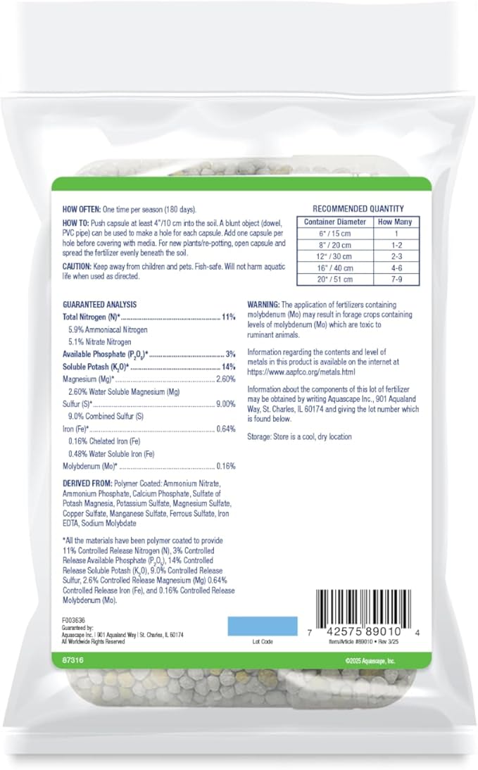 Aquascape Once-A-Year Pond Plant Fertilizer Capsules, 6-Pack, Easy Annual Feeding for Aquatic Plants, Safe for Fish, 89010