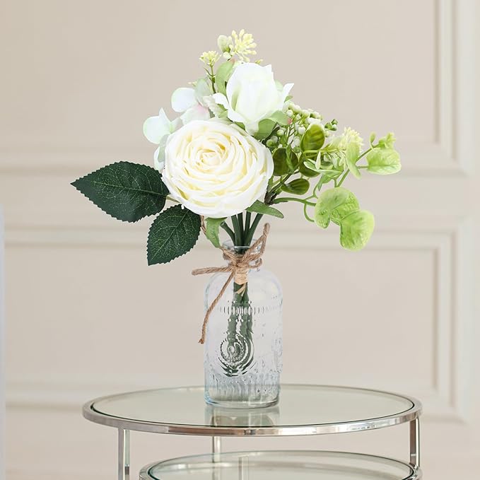 AFRITEE Faux White Silk Flower Arrangements - Centerpiece Table White Rose Flower Bouquet in Small Vase Set for Home Indoor Dining Room Wedding Centerpieces Coffee Table Decor