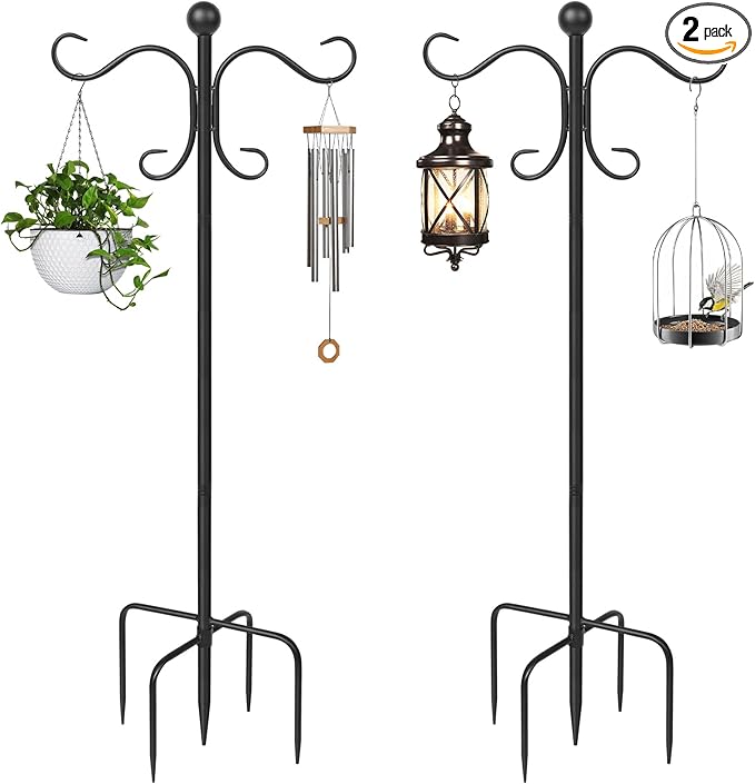 AOMGD 2 Pack 76 Inch Adjustable Double Shepherds Hooks for Outdoor Heavy Duty, Two Sided Garden Bird Feeder Pole for Hanging Plant Baskets, Solar Lights, Weddings Decor