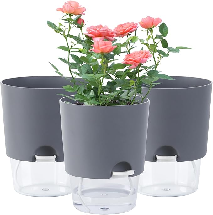 Oliz 6.3 Inch Self Watering Planter Pots for Indoor Plants, 3 Packs African Violet Pots with Wick Rope and Visible Reservoir Self Watering Planter for Herb, Houseplants