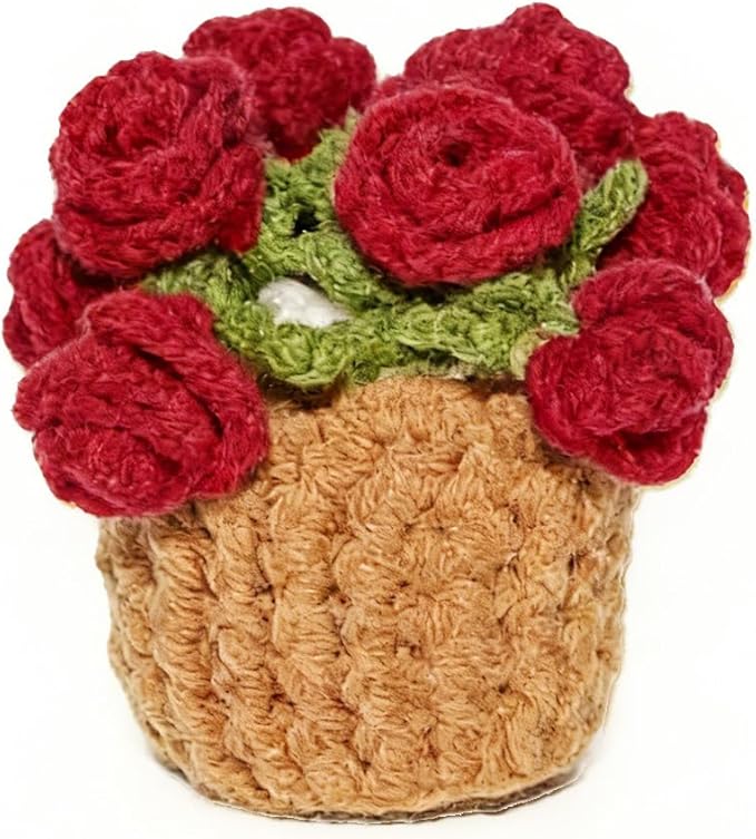 Handmade Crochet Red Rose Coaster, Realistic Mini Flower Pot Holder, Washable Cotton Yarn Table Decoration, Multi-Purpose Mat for Cup & Mug, 2 x 2 x 3.5 inches