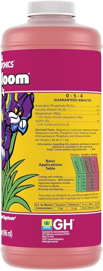 General Hydroponics FloraBloom 0-5-4 Plant Food, Part of FloraSeries Advanced Nutrient System for Plants, 1 Quart
