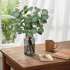 Briful Artificial Eucalyptus Stems in Black Glass Vase with Faux Water, 14" Fake Plant Eucalyptus Leaves for Home Office Farmhouse Wedding Centerpiece Décor