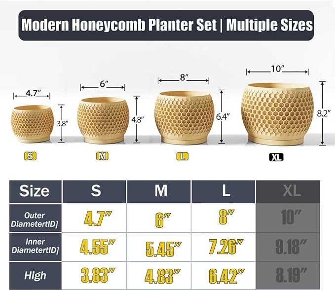Plant Pots, Modern 3D Printed Honeycomb Planters for Indoor Plants, 4.7/6/8 Inch Wood Decorative Flower Pot for Office Desktop, Bookshelf & Home Decor, Lightweight & Durable