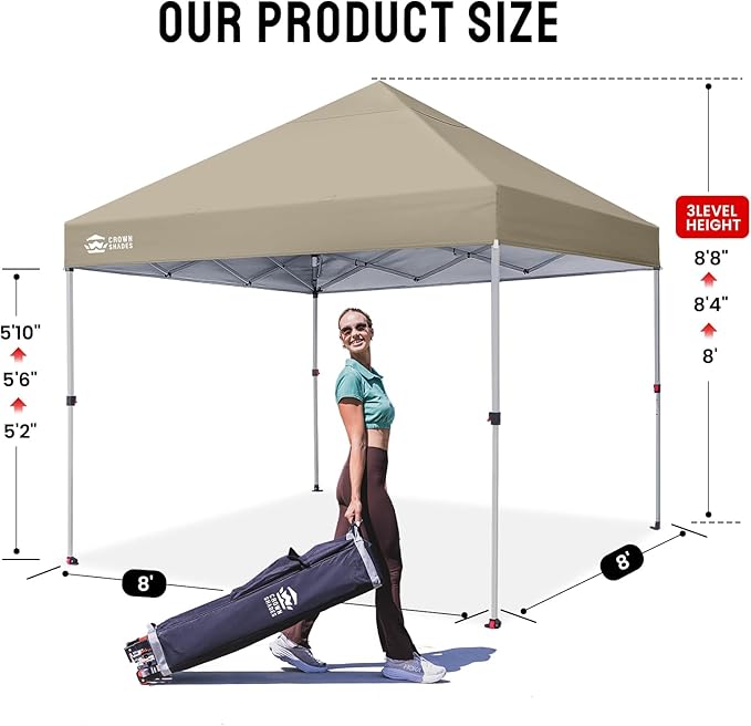 CROWN SHADES 8x8 Pop Up Canopy - Beach Tent with One Push Setup - Easy Outdoor Sun Shade for Events, Parties, Camping - Gazebo with STO-N-Go Cover Bag, Silver Coated Top, Beige