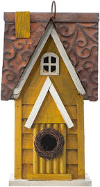 Glitzhome Bird Houses for Outside, 12" H Solid Wood Blue Bird House, Yellow Distressed Cottage Bird Nesting Box Decorative Birdhouse Hanging Bird House for Outdoors, Finch Swallow Wren Chickadee