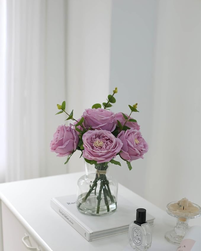 CHASMILE Artificial Flowers with Pinkish-Purple Peonies in Vase, Fix Lifelike Fake Flowers in a Vase with Artificial Water, Faux Flower Arrangements for Dining Table Centerpiece Decor