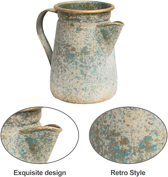 Vintage Pitcher Vase Rustic Farmhouse Vase for Flowers Vintage Metal Milk Jug Small Decorative Pitcher Shabby Chic Decor for Home, Kitchen, Bathroom, Gray
