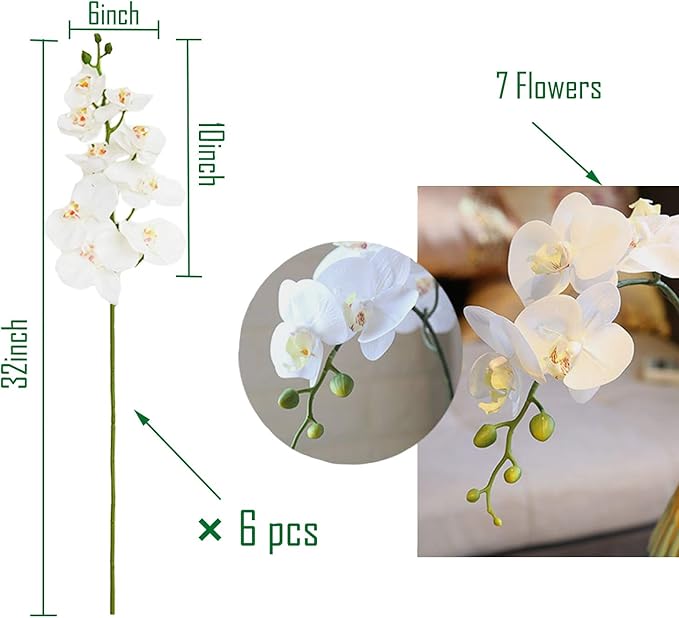 FagusHome 32" Artificial Phalaenopsis Flowers 6 Pcs Artificial Orchid Flowers Stem Plants for Home Décor (6Pcs)