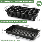 RooTrimmer 10 Pack 1020 Trays No Holes and 10 Pack 4.3" Deep 32 Cell Seed Starter Trays, 20" x 10" - Heavy Duty Plastic Nursery Flats for Seed Germination & Plant Propagation (10 Sets)