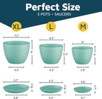 Aqua Plant Pots with Drainage Holes & Saucers 3 Pack, Indoor & Outdoor Stackable Space-Saving Planters for Houseplants & Flowers, (7", 6.7", and 6" Inches), Durable & Weatherproof Materials